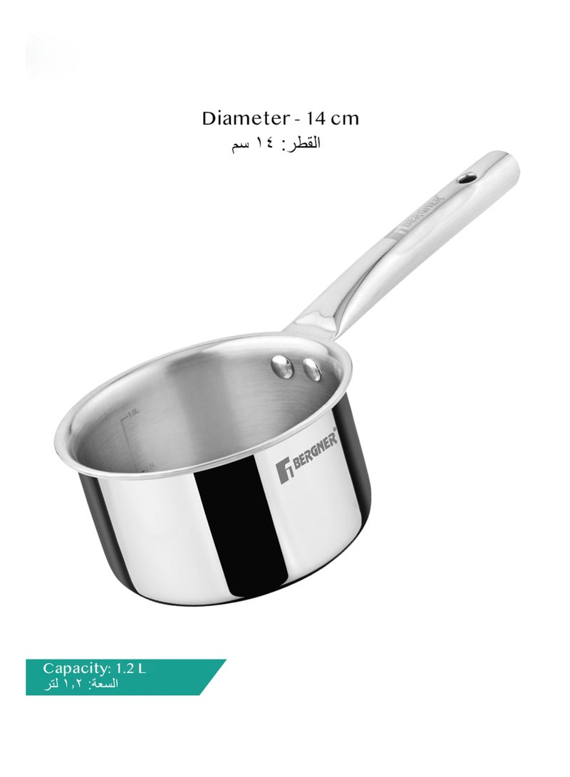 Bergner Tripro 14cm (1.2L) Tri-Ply Stainless Steel Saucepan, Heavy-Bottom Healthy Cooking Pot, Milkpan, Teapan, Even Heating, Improved Grip Handles, Easy to Clean,  Induction & Gas Stove Compatible - Image 2